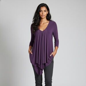 Red Coral Purple 3/4 Sleeve Stretchy Asymmetrical Top Size Small